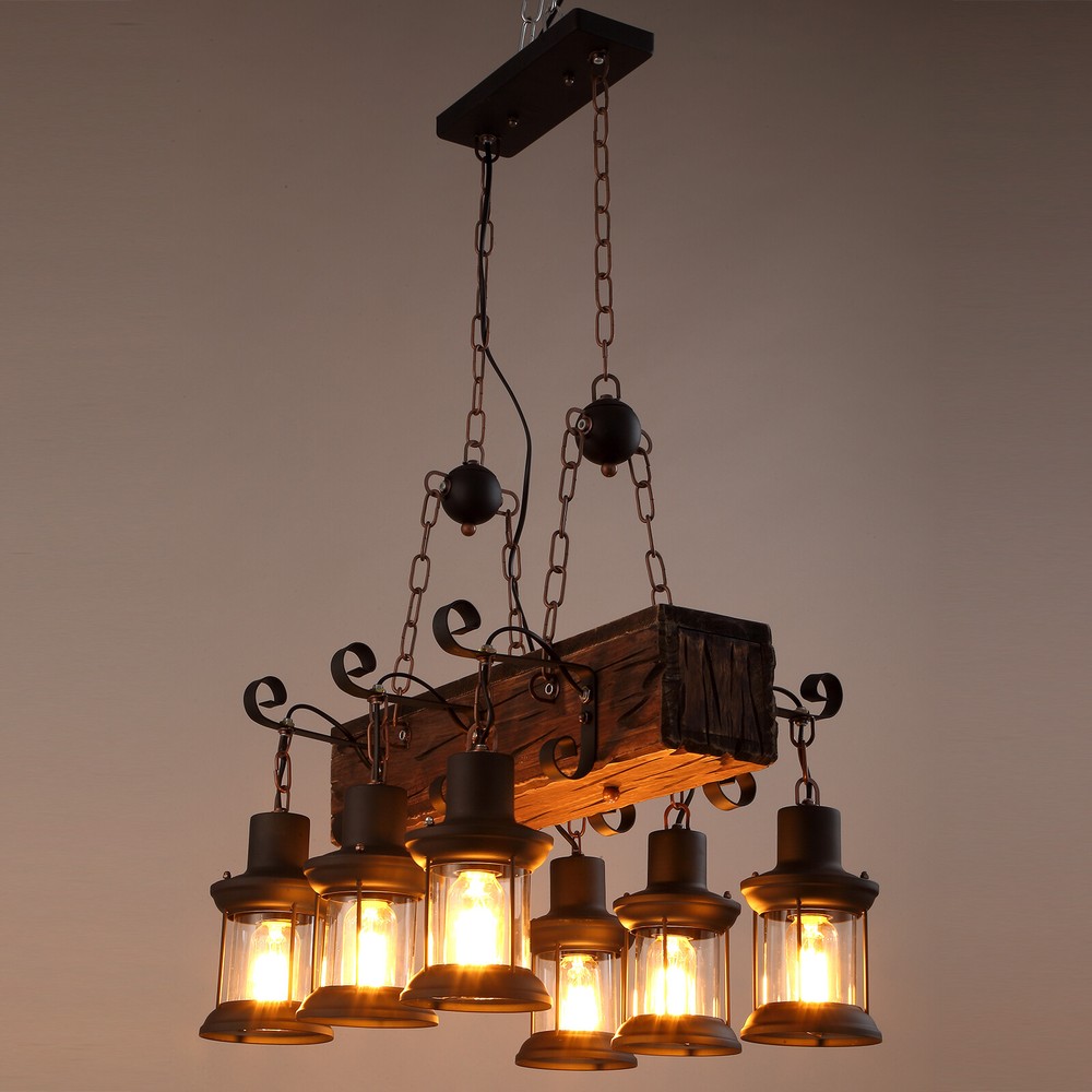 Farmhouse Wooden Chandelier Kitchen Island Pendant Ceiling Light Fixture