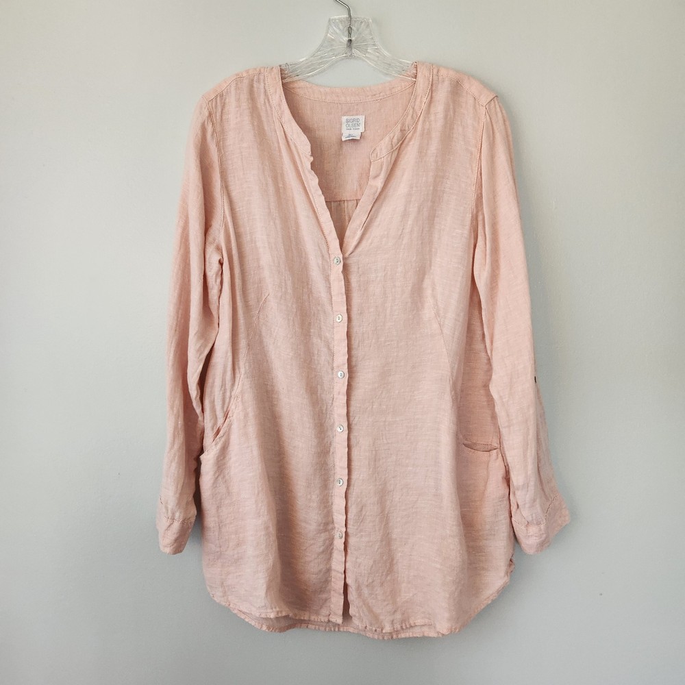 Sigrid Olsen Linen Top Women L Pink Button Up Beach Coastal Lagenlook Resortwear