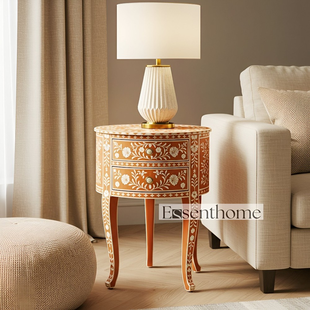 Handmade Orange Floral Bone Inlay Round Side Table with 2 Drawers