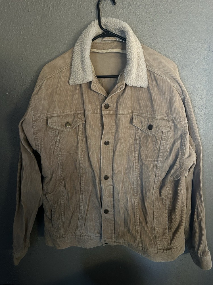 Men's Beige Sherpa Collar Lined Button Trucker Jacket Mid-Length Solid Size XL