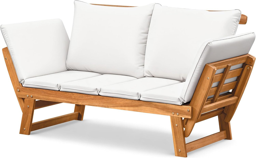 Flamaker Outdoor Couch with Adjustable Armrests, Acacia Wood Patio Loveseat with