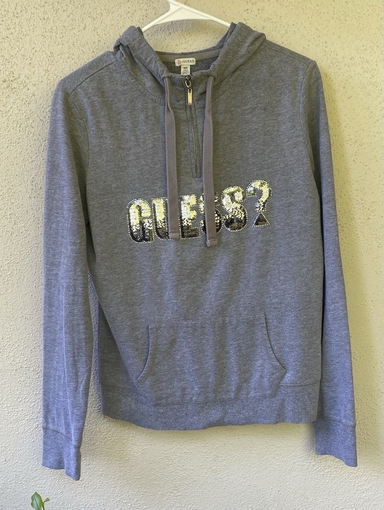 GUESS Gray Sequin Logo Half Zip Hoodie Women's Regular M