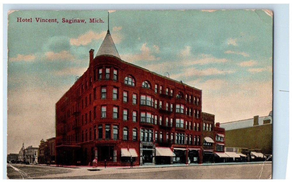 1915 Exterior View Hotel Vincent Building Saginaw Michigan MI Antique Postcard