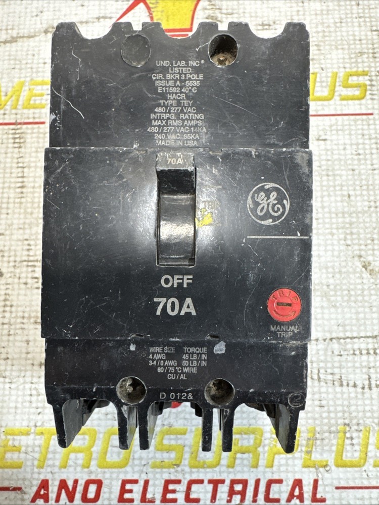 GE TEY370 E11592 TEY M02 70A 480/277V 3 Pole Circuit Breaker