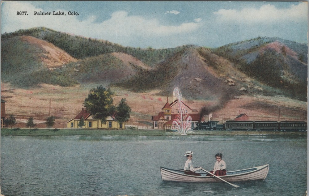 Palmer Lake CO Train Railroad Tracks Rowboat c1915 Colorado postcard N543