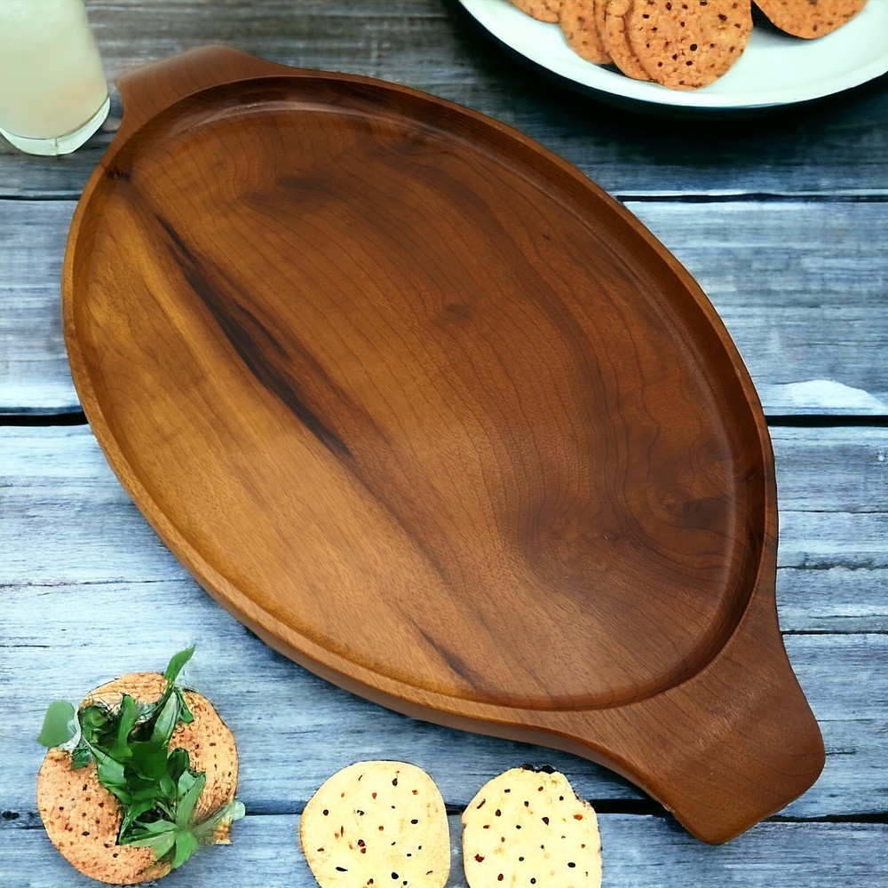 Acacia Teak Wood Carved Oval Serving Tray Platter Boho Style Chartreuse Party  -image