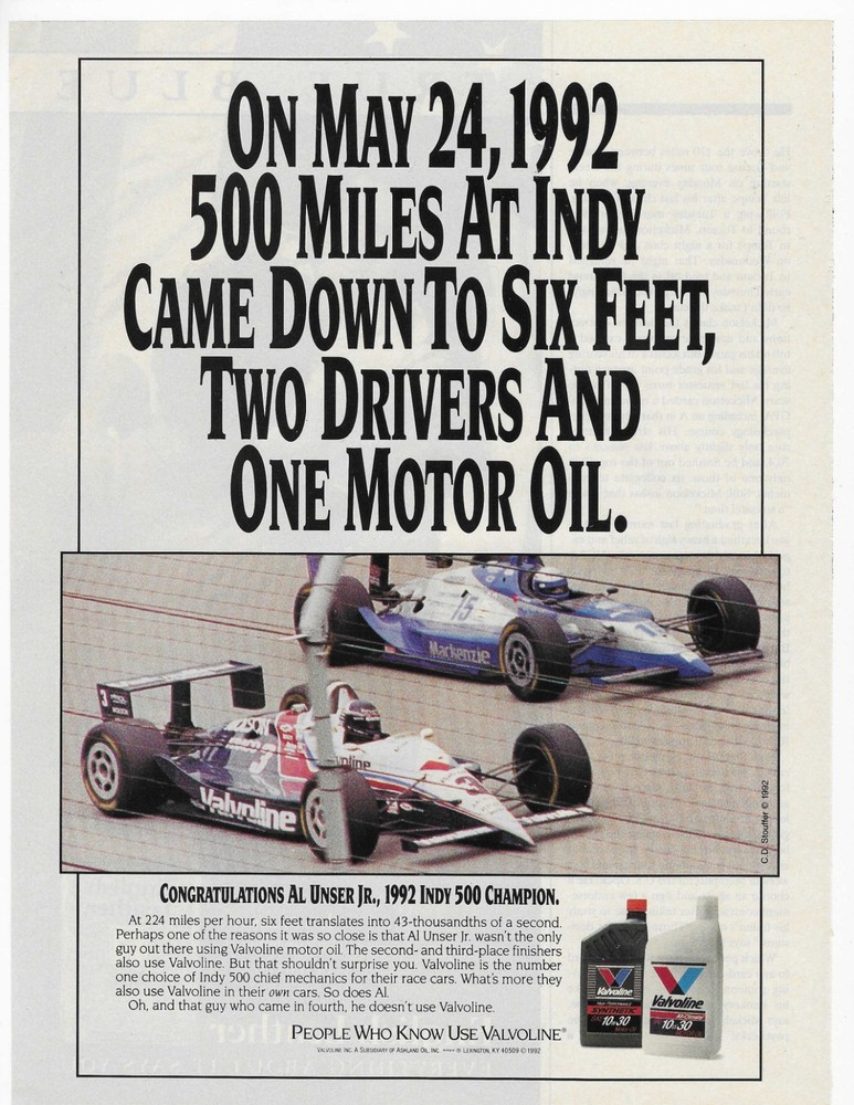 1992 Indy 500 Winner  Al Unser Jr.   Valvoline   Original Print Ad