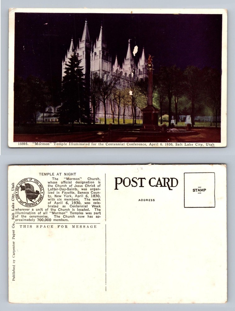 Salt Lake City, UT-Utah, Mormon Temple Illuminated Night Card Vintage Postcard