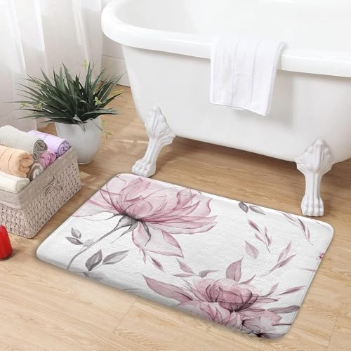 Pink Grey Watercolor Floral Bath Mat with Minimalist Leaf Design