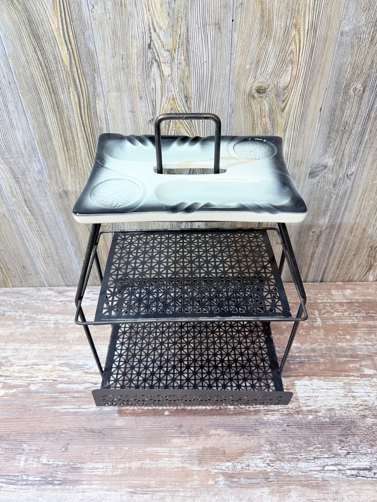 Vintage Mid-century Modern Ashtray Magazine Rack Black & White Tiered Metal