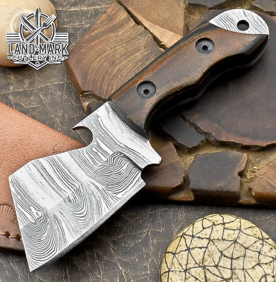 Damascus Steel Mini Tanto Hunting Knife with Brown Handle