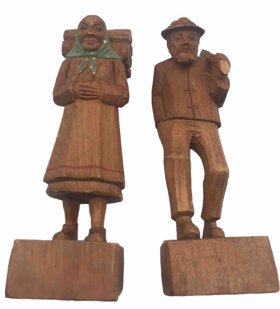 Vintage Rustic Folk Art Wood Hand Carved Couple, Man w/ Ax Woman w/ Wood &Basket