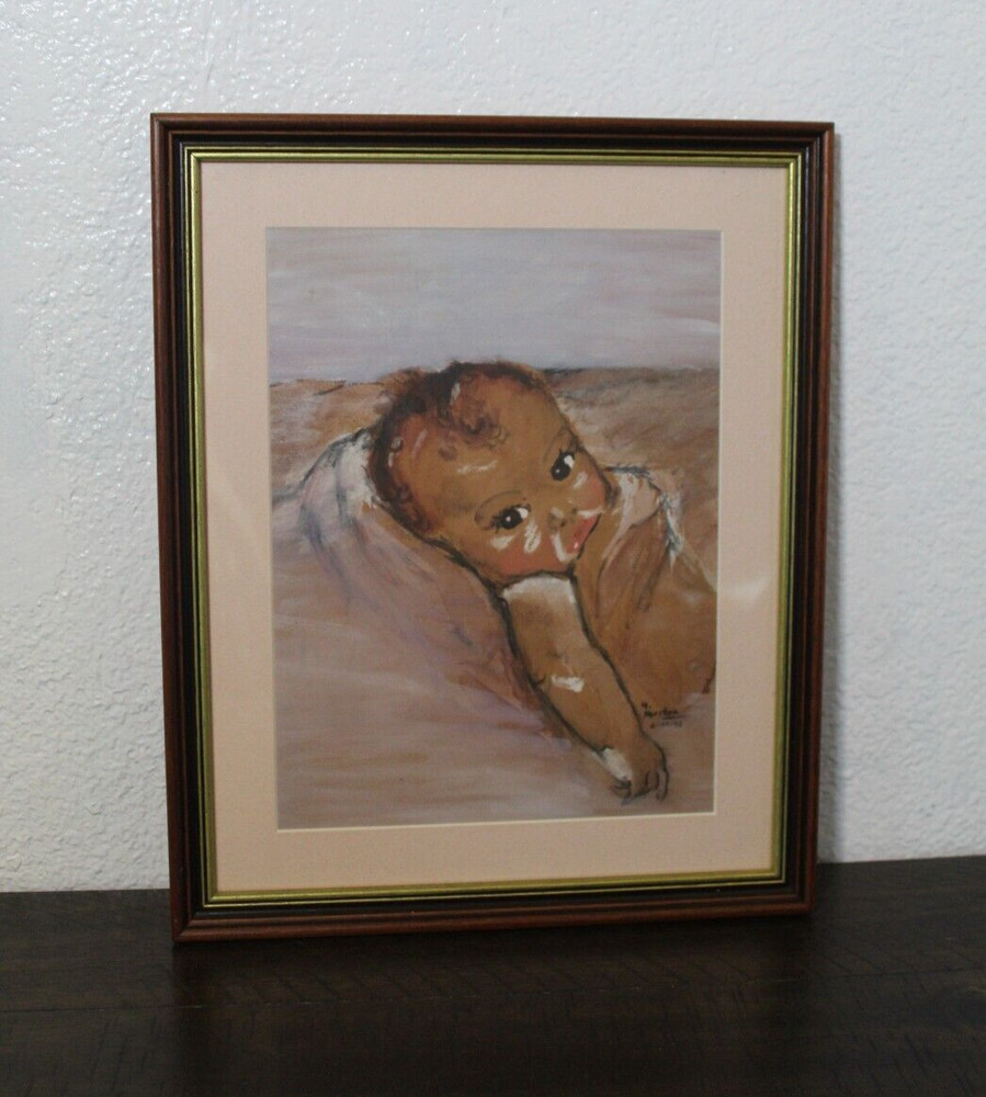 Framed 11x14 Original Paint on Paper African American Baby Signed H Marsden '38