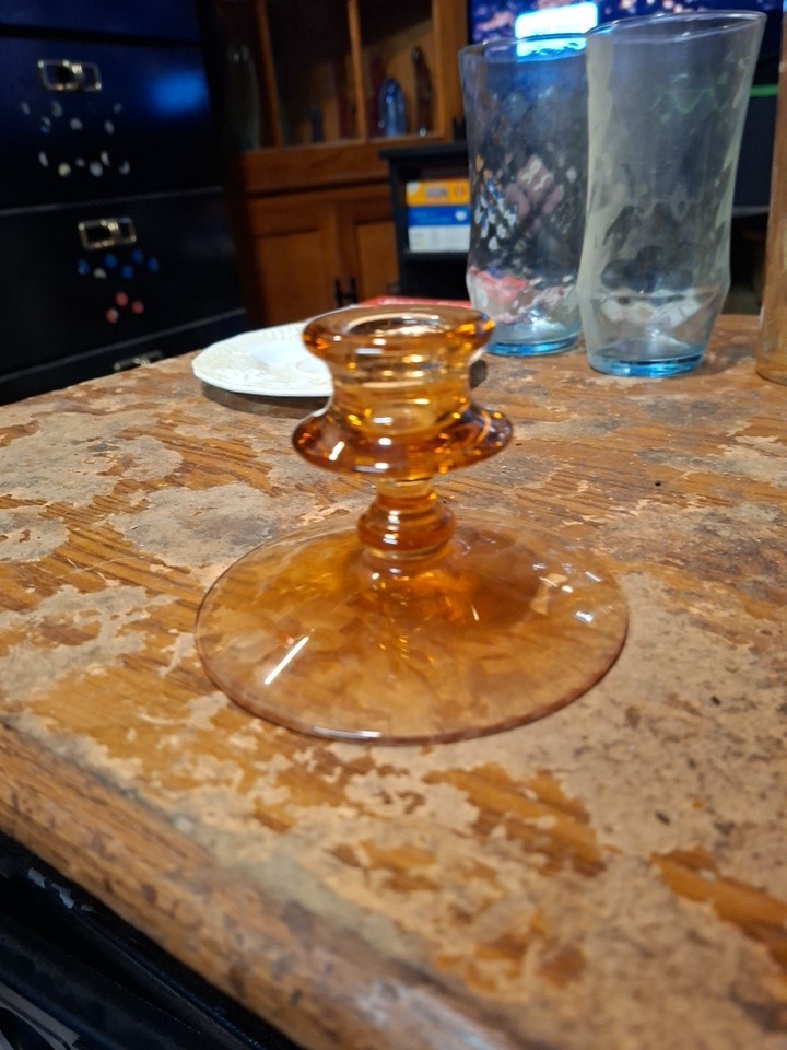 Vintage Fostoria Amber Etched Depression Glass Candle Stick Holder 3”