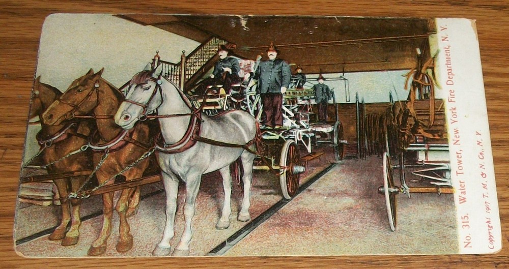 1910's Water Tower New York Fire Department NY, Horse Wagon Antique Postcard S8