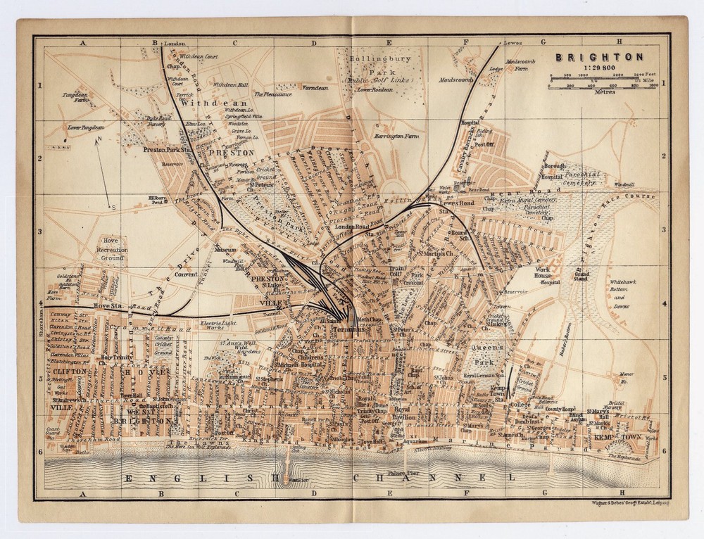 1910 Original Antique City Map Of Brighton / Sussex / England