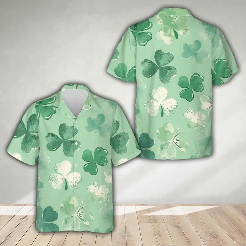 Irish Theme Green Hawaiian Shirt for Shamrock Design Button Front