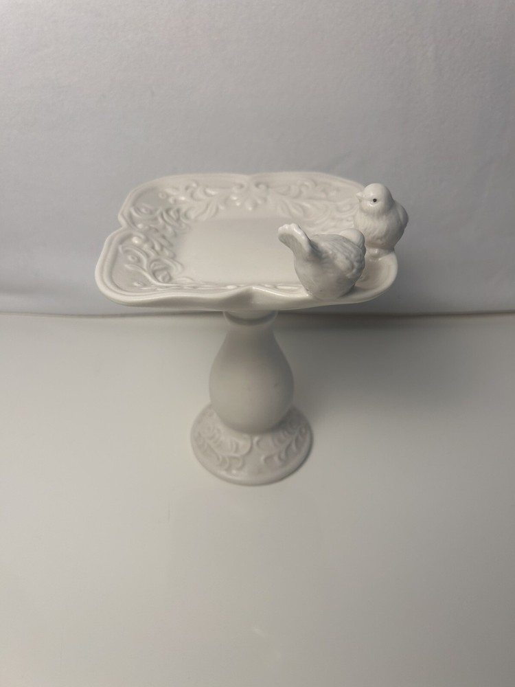 White Ceramic Pedestal Dish w/ Birds-Jewelry-Soap-Potpourri