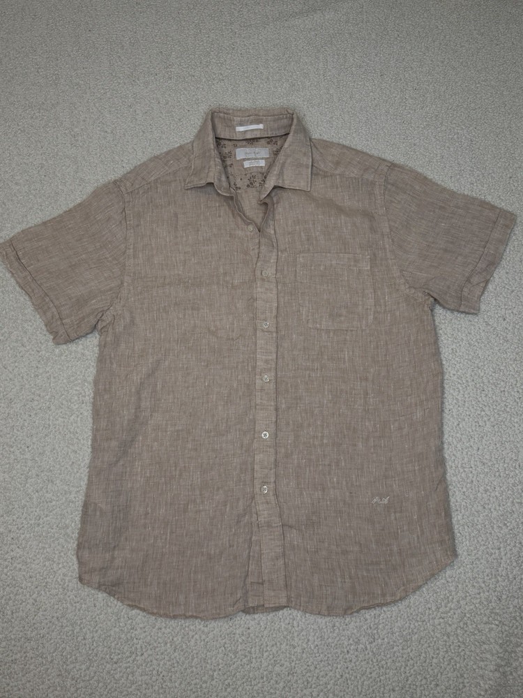 Porter & Ash Mens Tan 100% Linen Short Sleeve Button Down Shirt Medium Khaki