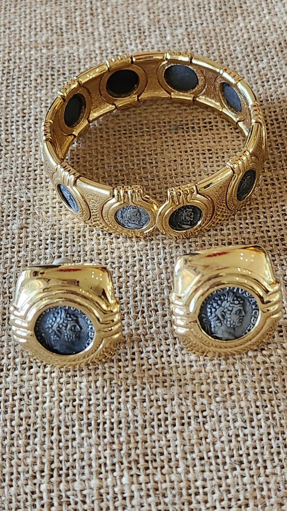 Vintage Carolee Signed Faux Coin Bracelet & Clip On Earrings Stunning