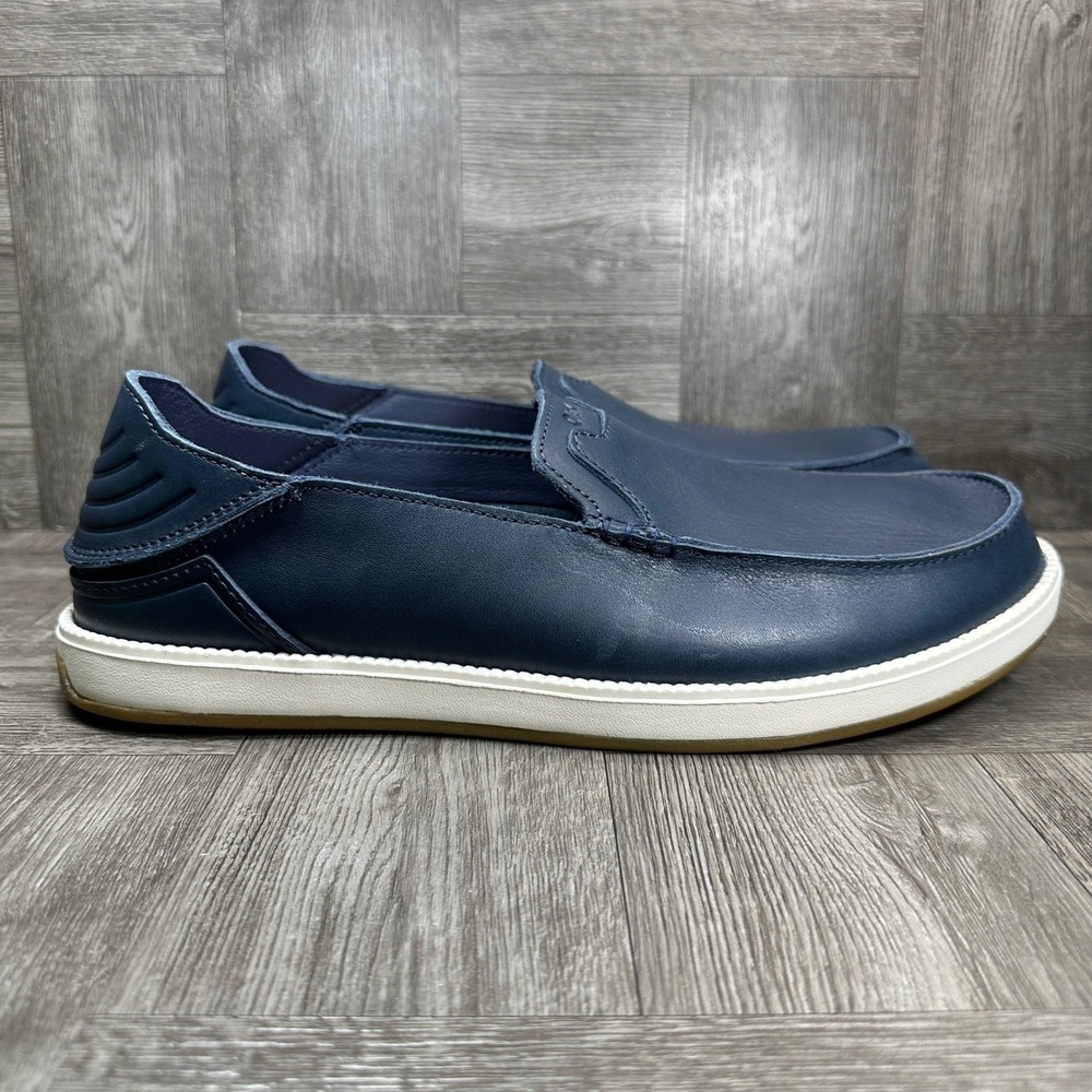 OluKai Lae'ahi Li 'Ili Slip On Men 12 Navy Blue Leather Casual Loafer NEW
