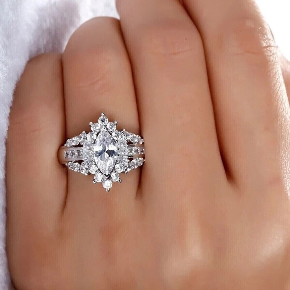 3Ct Marquise Cut Simulated Diamond Lovely Wedding Ring Set 14K White Gold Plated