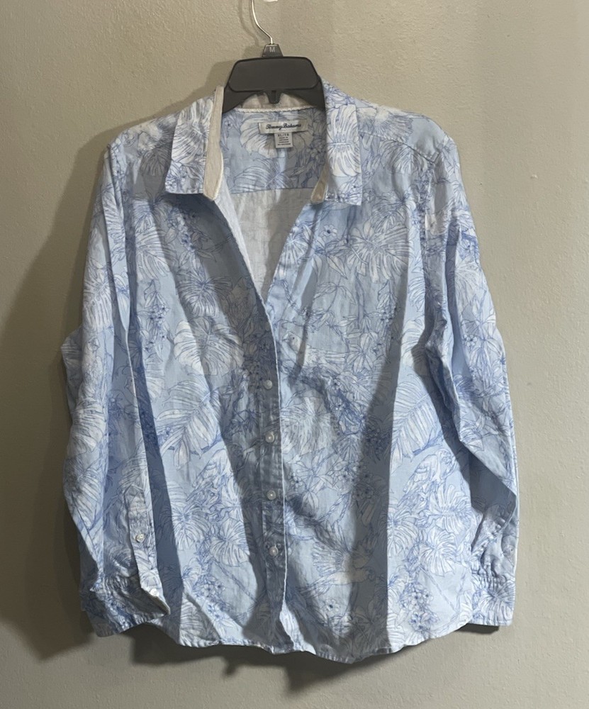 Tommy Bahama Sz XL Shirt Womens Blue Linen Parrot Macaw Floral Button Tropical