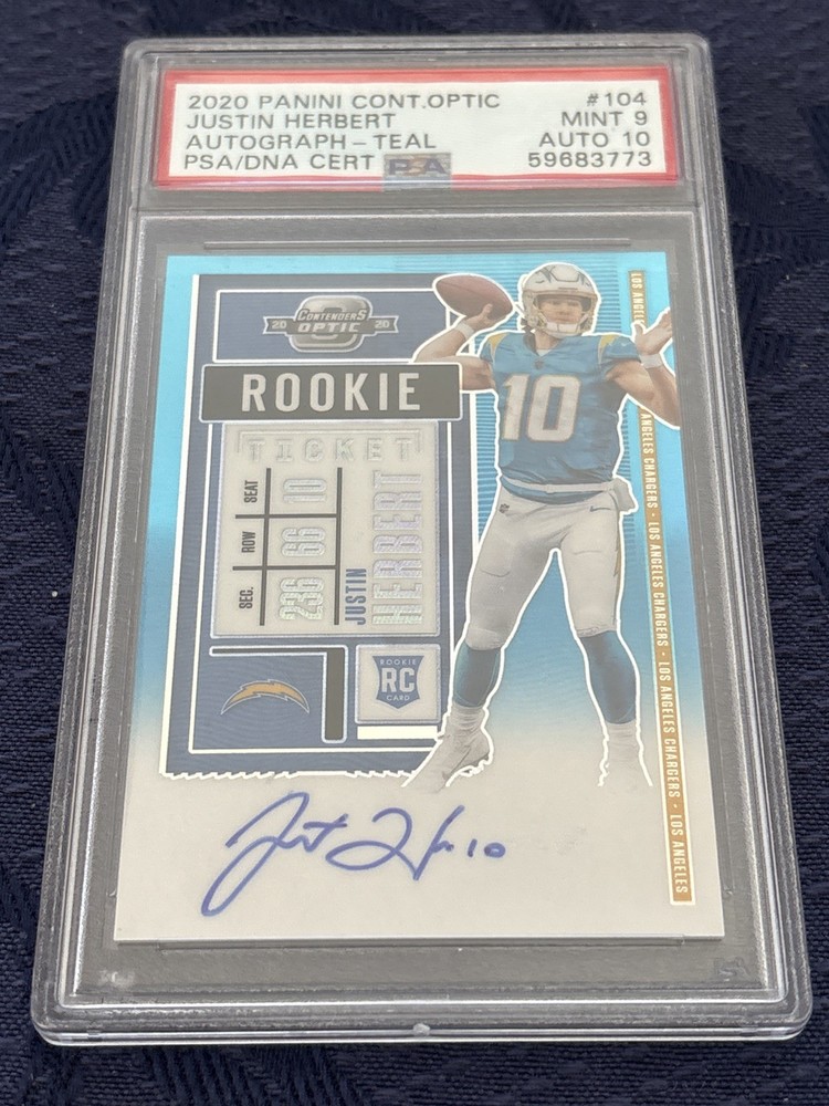 2020 Contenders Optic Justin Herbert RC Teal Rookie Ticket Auto /99 PSA 9/10