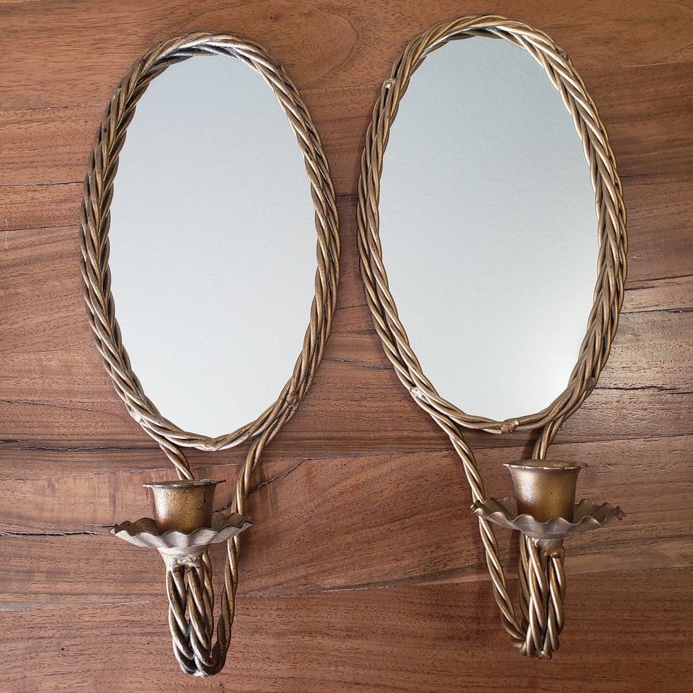 VTG Pair Twisted Rope Mirrored Sconces Candle Holders MCM Hollywood Regency Gold