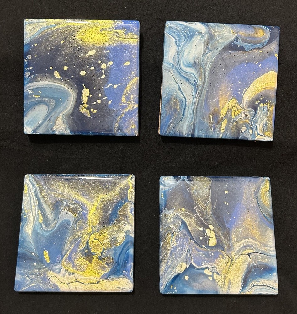 4 Cosmic Swirls Coasters 4” Blue Golden Hand Crafter Resin By Linda Burcel Water