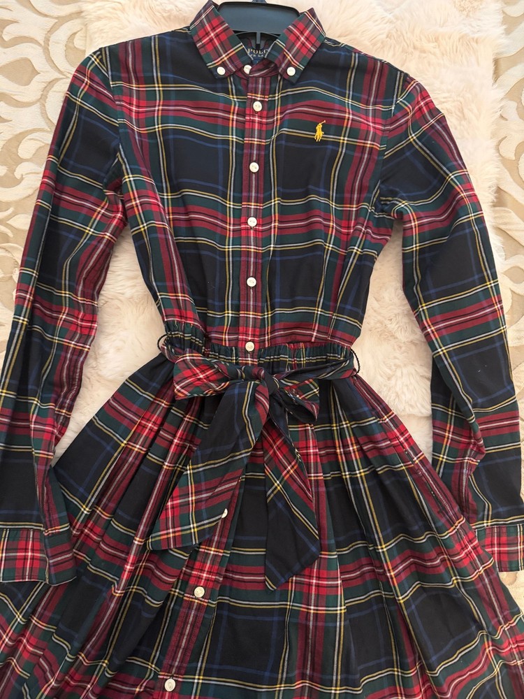 Polo Ralph Lauren Girls Shirtdress Size 16 Plaid Tartan Belted Long Sleeve