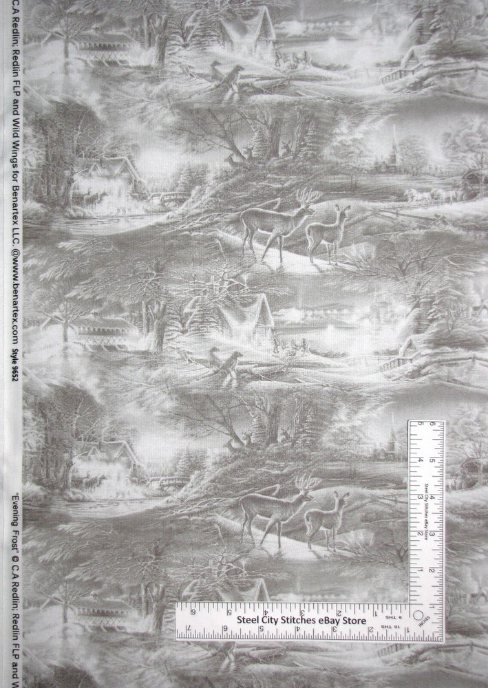 Christmas Fabric Deer Cabin Scenic Lt Grey Evening Frost Cotton Benartex Yard