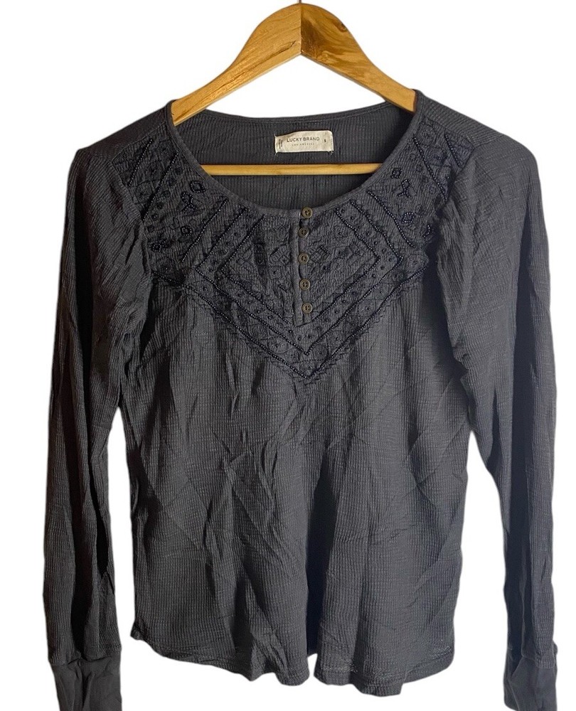 Lucky Brand Women’s Black Brace long Sleeve Button Blouse SP