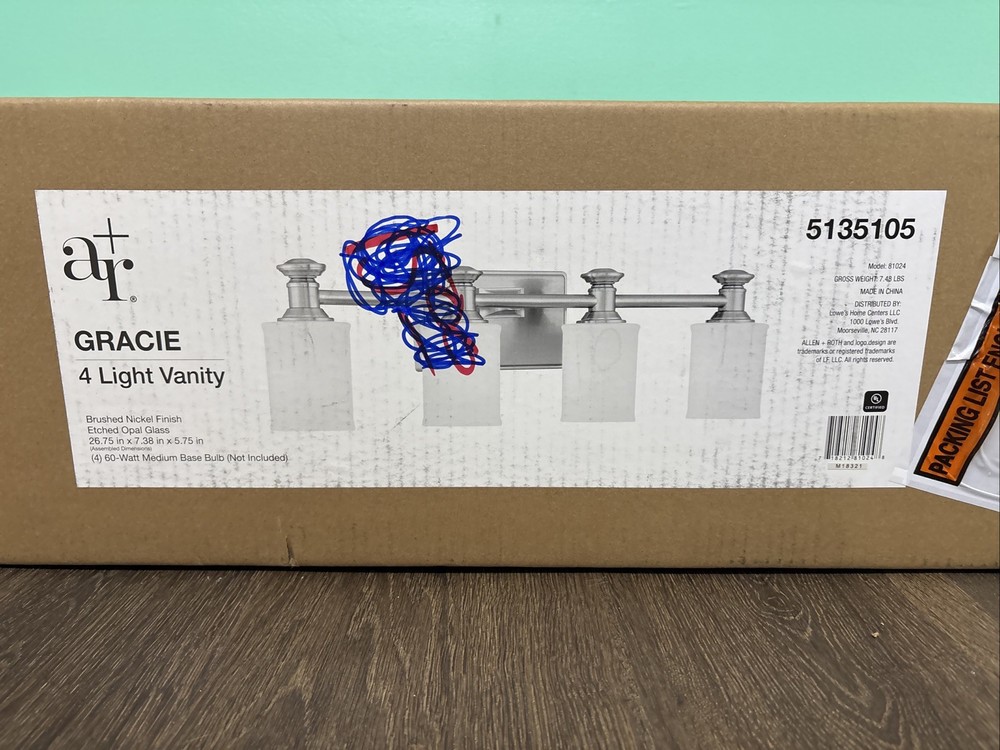 Allen Roth Gracey 4-Light vanity fixture Brushed Nickel Finish Etched Opal Glass