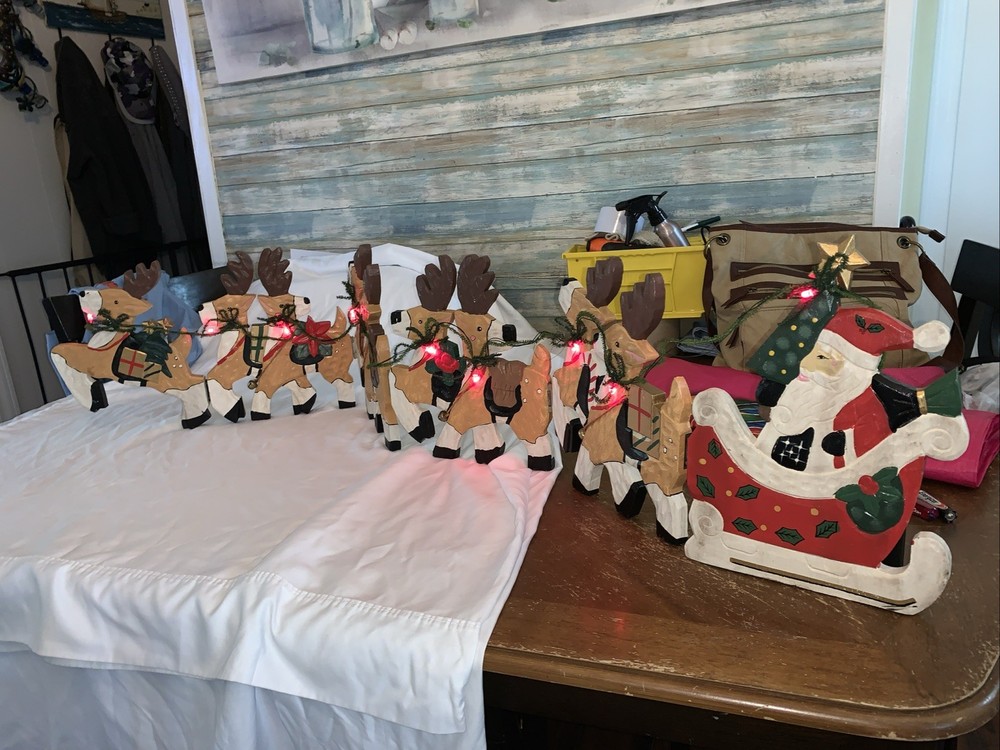 Vintage Wooden foldup Christmas Santa Sleigh & Reindeer With Lights Bells