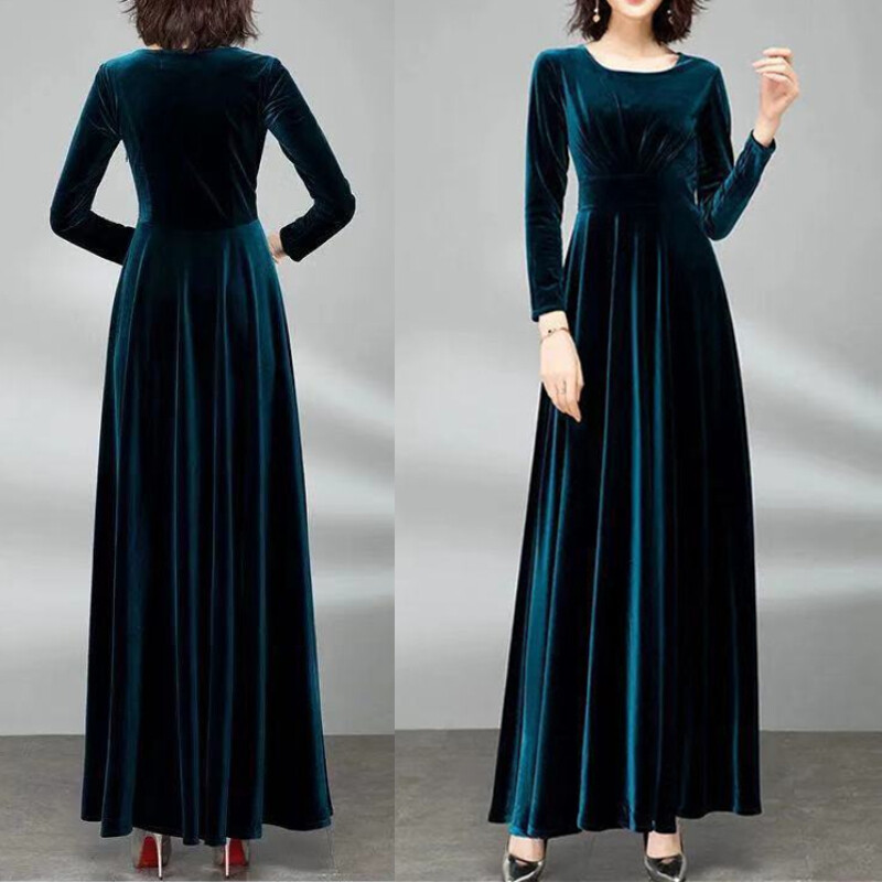 Lady Velvet Dress Crew Neck Pleated Stretchy Cocktail Banquet Elegant Plus Size