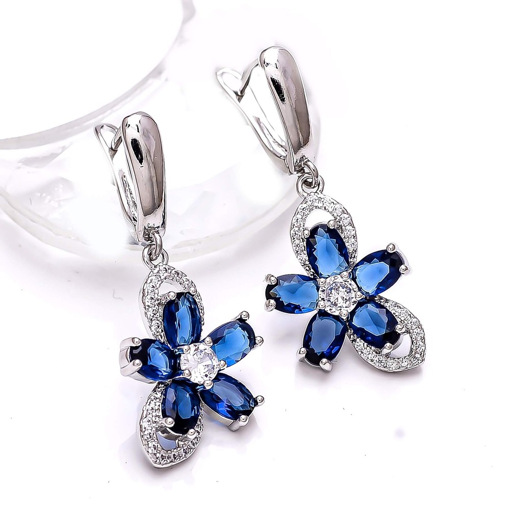 Blue Sapphire Simulated CZ Gemstone 925 Silver Flower Earrings 1.30 Inch E2