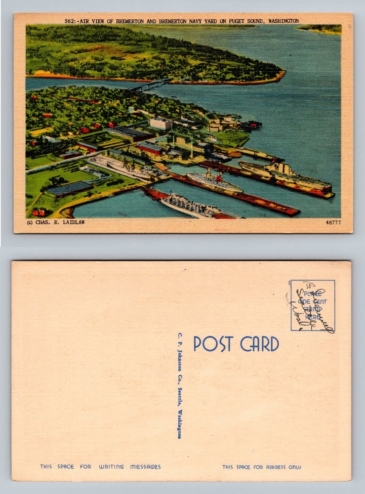 Bremerton, WA-Washington, Aerial Navy Yard Ships Puget Sound Vintage Postcard