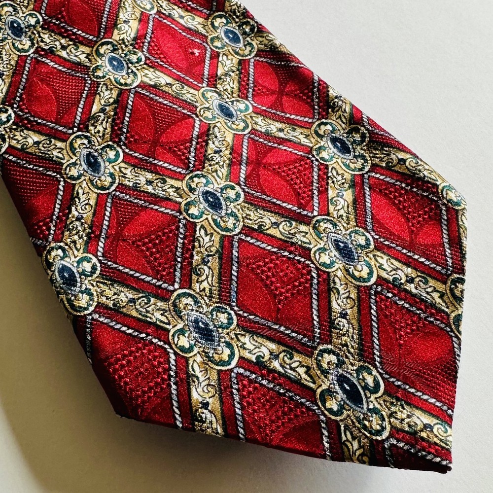 Vintage 80s-90s Oscar de la Renta Silk Tie Red Gold Geometric Medallion