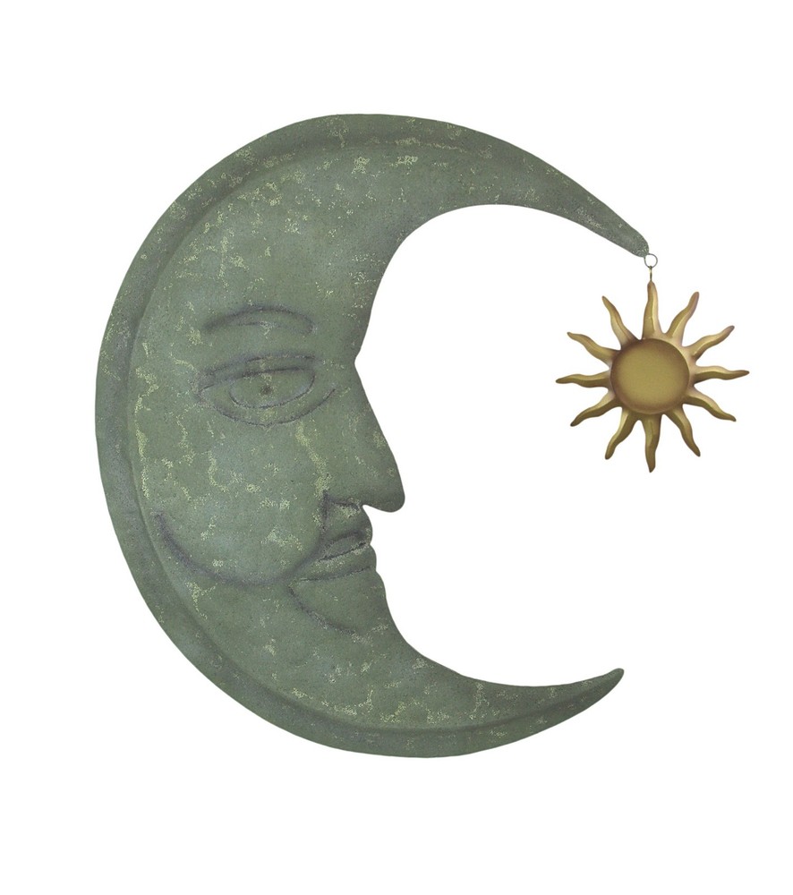 Zeckos Verdigris Finish Metal Crescent Moon Wall Hanging With Sun Dangler