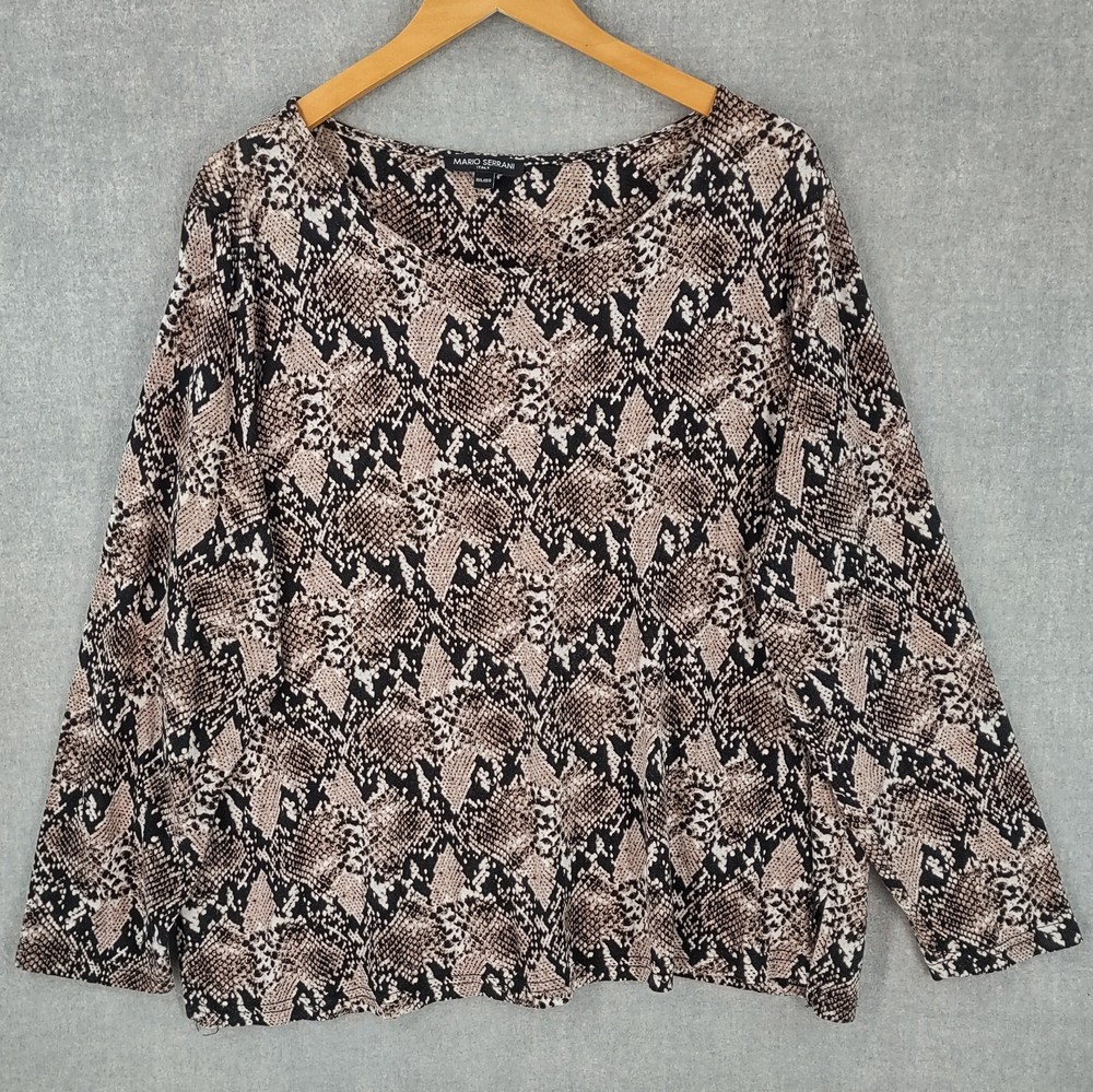 Mario Serrani Rayon Blouse XXL Brown Animal Print Stretch Long Sleeve Scoop