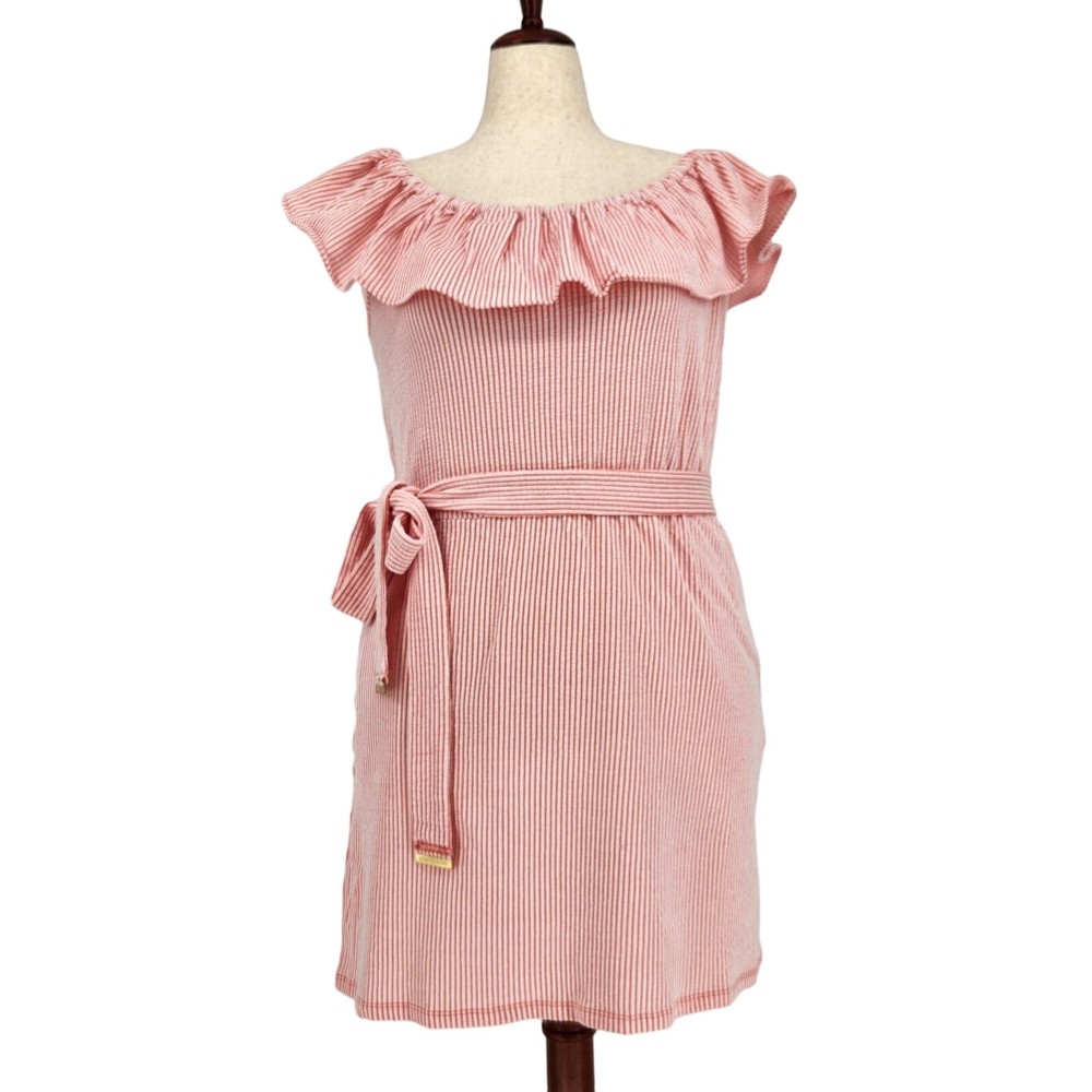 Michael Kors Women Pink Striped Casual Ruffle Off-the-Shoulder Mini Dress Size L