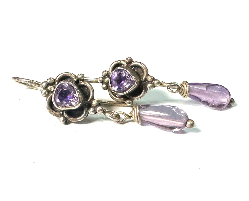 Vintage Purple Stone Dangle Earrings MARKED 925 Sterling Silver Jewelry Lot I