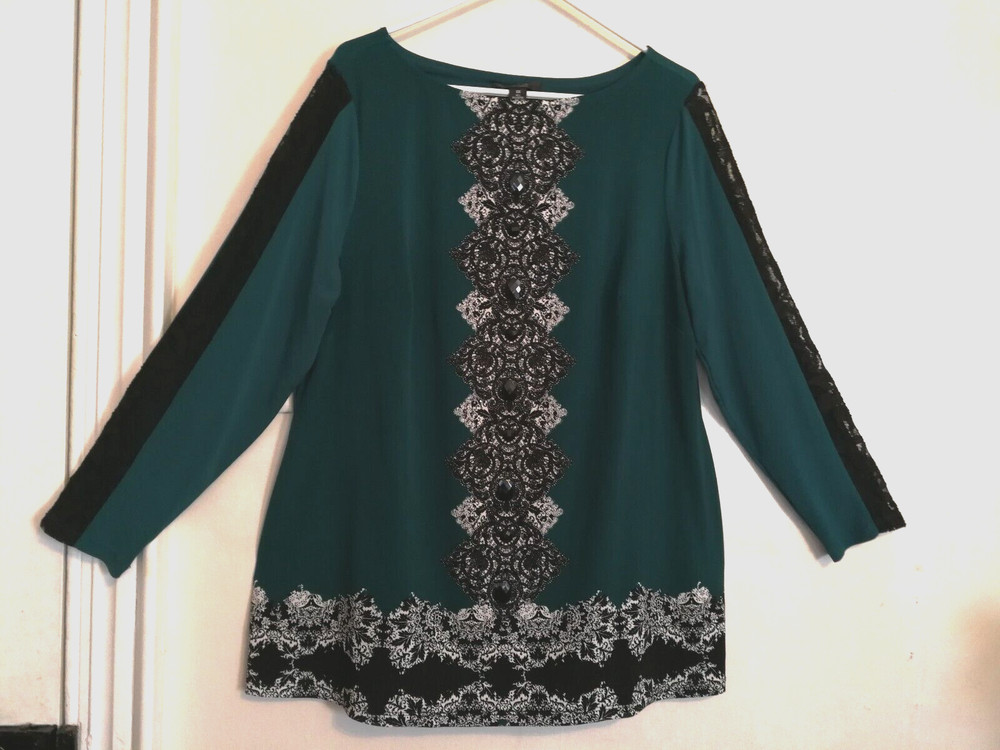 Style & Co Womens Blouse 0X Plus Green White Paisley Floral Lace Gem Long Sleeve