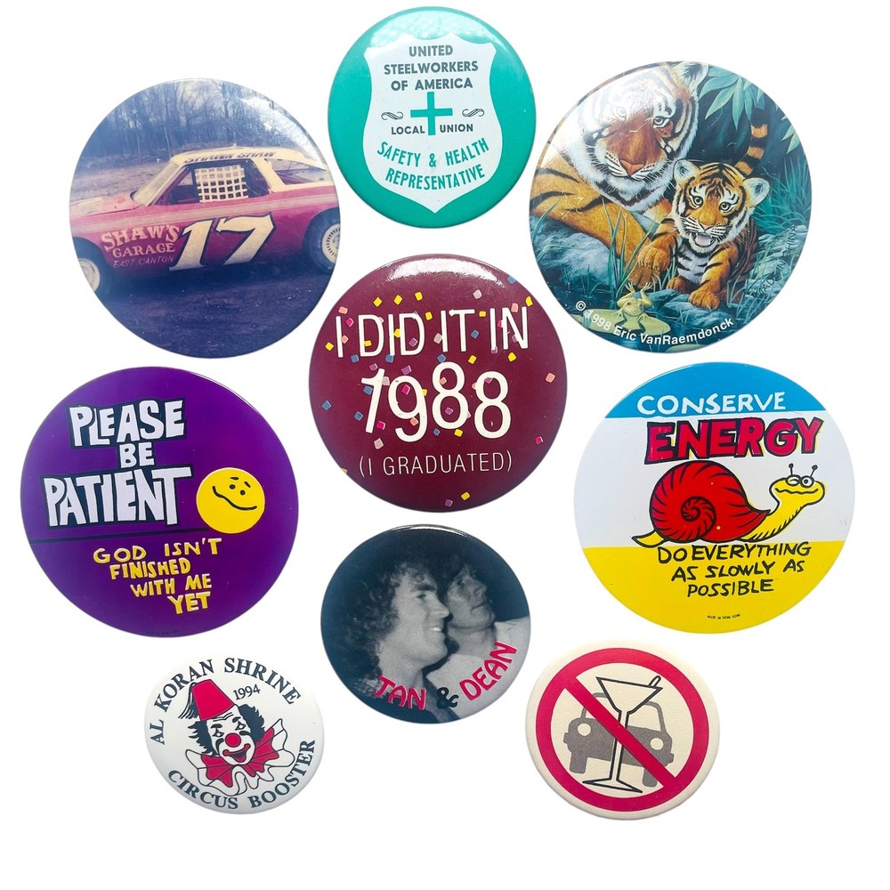 Pinback Button Pin Flair Lot 9 Vintage Lapel Hat Bag Badge Fashion Bundle