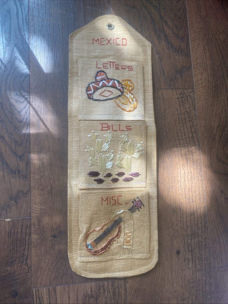 Mid Century Vintage Woven Mexico Wall Pocket Bills Letters Organizer