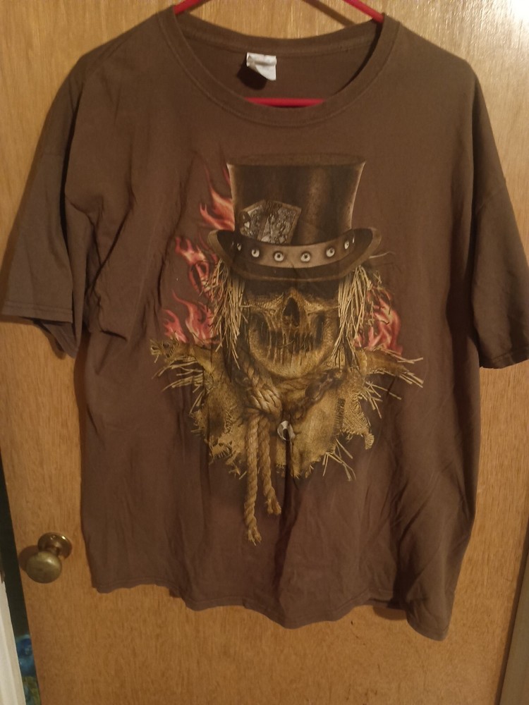 Men's Halloween Graphic T-Shirt Scarecrow Brown Flames, Skeleton, Size XL