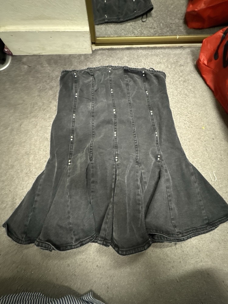 Wild Fable Black Denim Strapless Mini Dress Flared Western Size L