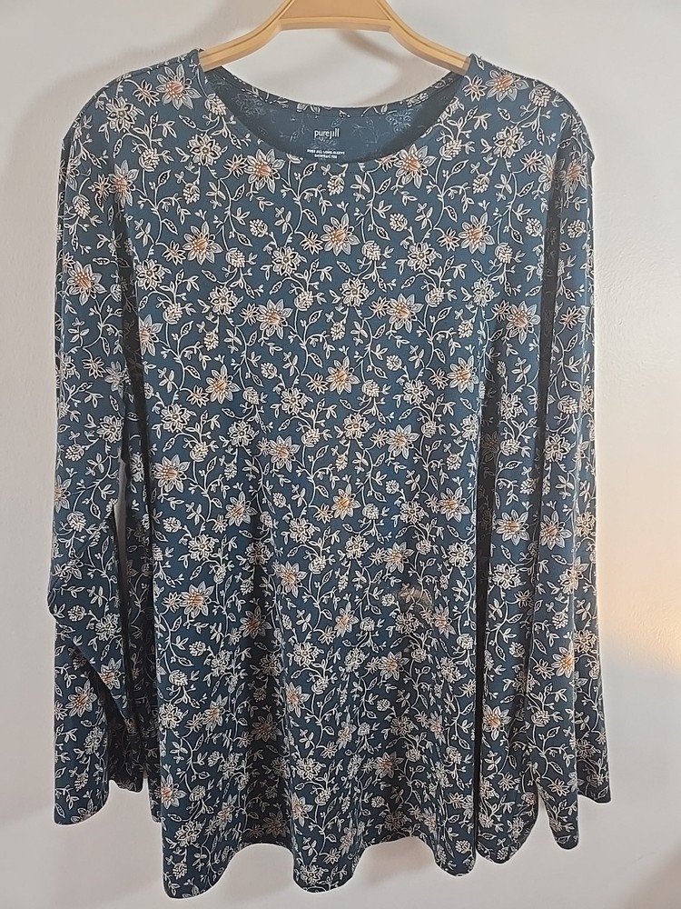 Pure Jill Long Sleeve Shirttail Tee Blue Floral Pima Cotton Size XL