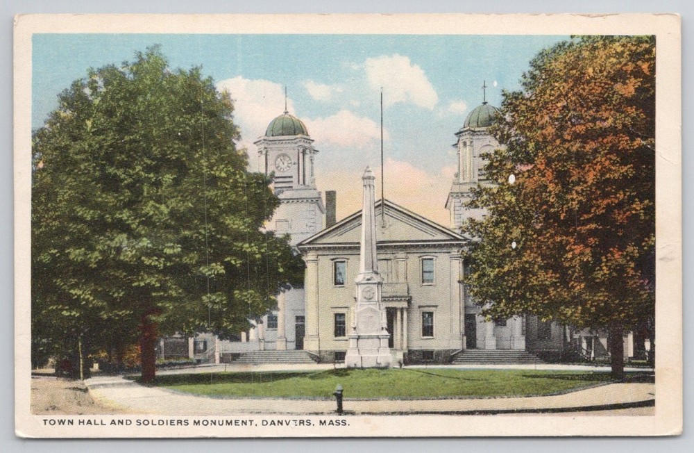 Danvers, MA Town Hall Soldiers Monument Postcard 1916 A. Kagan
